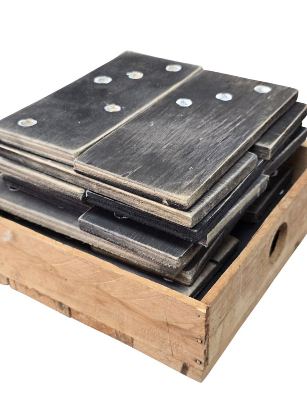 Vintage Handmade Wood Dominoes Set 20 Black White 4" 8" in Box